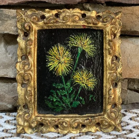 VTG 4 Floral Original Oil Paintings Gold Frames Black Philippa Connolly 1970 - Picture 5 of 16